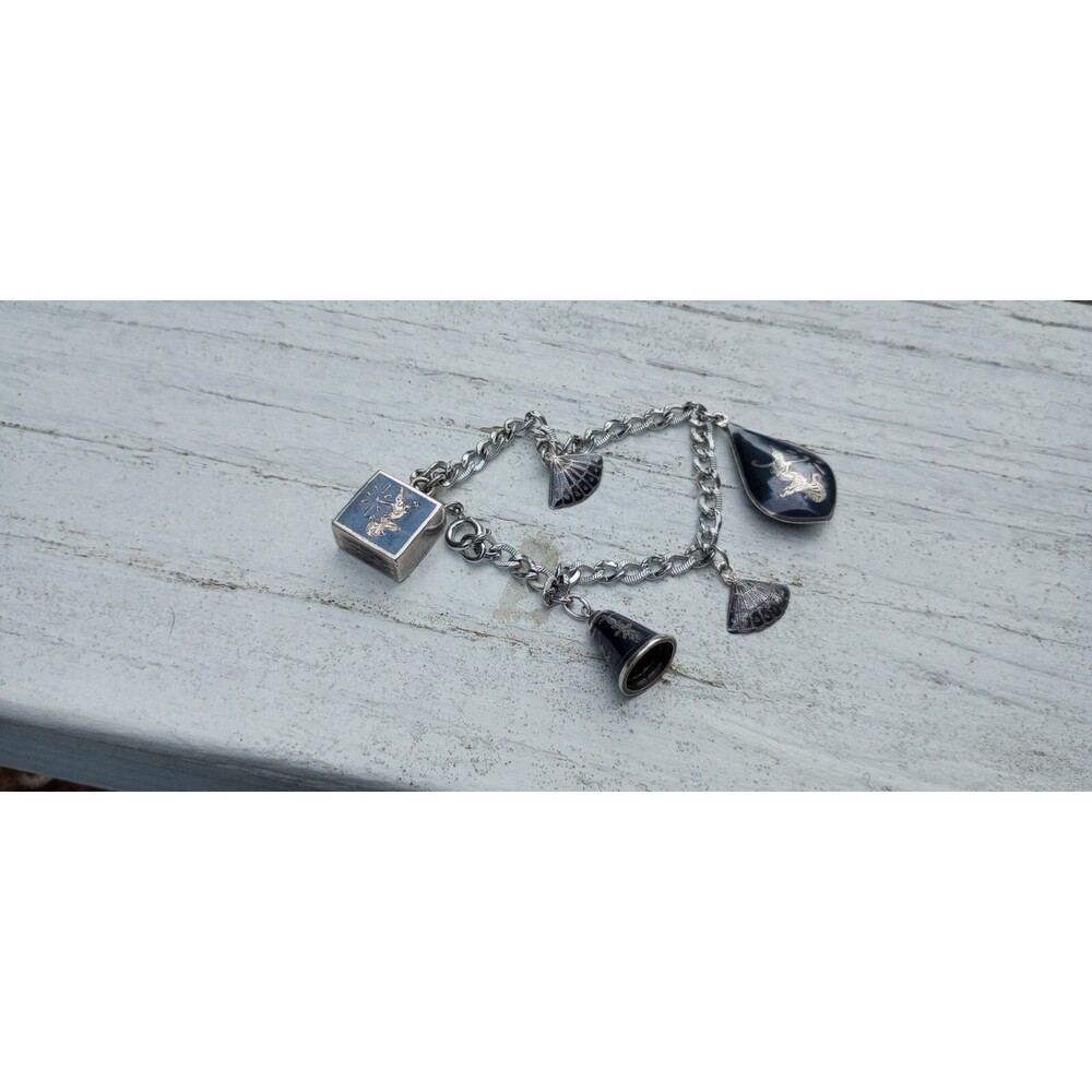 ViNtAgE Sterling Silver Siam Niello Bells and Dancers Charm Bracelet